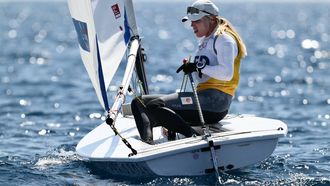 Netherlands' Marit Bouwmeester competes in race 9 of the women’s ILCA 6 single-handed dinghy event during the Paris 2024 Olympic Games sailing competition at the Roucas-Blanc Marina in Marseille on August 5, 2024.  
Christophe SIMON / AFP