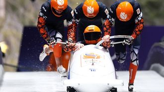 Netherlands' Dave Wesselink, Netherlands' Janko Franjic, Netherlands' Jelen Franjic and Netherlands' Timme Koster compete in the bobsleigh men's 4-man heat 3 at Cortina Sliding Centre during the Milano Cortina 2026 Winter Olympic Games in Cortina d'Ampezzo on February 22, 2026. 
FRANCK FIFE / AFP