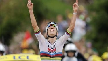 epa13100455 Slovenian cyclist Tadej Pogacar of UAE Team Emirates XRG celebrates as he crosses the finish line to win Stage 6 of the Tour de France, a 186.2 km route from Pau to Gavarnie-Gedre, France, 09 July 2026.  EPA/GUILLAUME HORCAJUELO