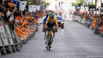 Team Decathlon CMA CGM's French rider Paul Seixas sprints to the finish line to win the fifth stage of the Basque Country's Itzulia cycling tour, a 176.2 km race starting and finishing in Eibar, on April 10, 2026.  
ANDER GILLENEA / AFP