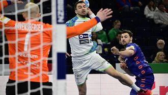 Slovenia's right back #17 Nejc Cehte attempts to score past Netherlands' goalkeeper #01 Bart Ravensbergen next to Netherlands' centre back #77 Dani Baijens during the Men's EURO 2024 EHF Handball European Championship main round match between Slovenia and Netherlands in Hamburg on January 21, 2024. 
Tobias SCHWARZ / AFP
