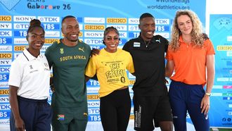 (L/R) Italy’s Zaynab Dosso, South Africa’s Akani Simbine, Jamaica’s Elaine Thompson-Herah, Botswana’s Letsile Tebogo and Netherland’s Lieke Klaver pose for a photograph after speaking to the media ahead of the Gaborone 26 World Athletics Relays in Gaborone on May 1, 2026. 
AFP