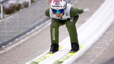 epa11030602 Simon Ammann of Switzerland in action during the a training jump for the Men's Individual HS140 competition at the FIS Ski Jumping World Cup in Engelberg, Switzerland, 15 December 2023.  EPA/PHILIPP SCHMIDLI
