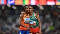 epa10808326 Second placed Letesenbet Gidey (R) of Ethiopia, and Sifan Hassan of the Netherlands after the final of women's 10,000m of the World Athletic Championships in the National Athletics Centre in Budapest, Hungary, 19 August 2023. Hassan fell before the finish line.  EPA/Zsolt Czegledi HUNGARY OUT