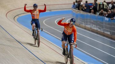 epa11663378 Harrie Lavreysen (back) and Jeffrey Hoogland of Netherlands celebrate winning the men's team sprint finals of the UCI Track Cycling World Championships at the Ballerup Super Arena in Ballerup, Denmark, 16 October 2024.  EPA/THOMAS TRAASDAHL  DENMARK OUT