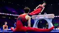 ROTTERDAM - Sergey Naidin, Arseniy Dukhno en Daniel Marinov van Rusland tijdens een training voor de WK turnen in Ahoy Rotterdam. De internationale gymnastiekfederatie hief eerder dit jaar de schorsing van Rusland om de agressie tegen Oekraïne op, maar de regels van de Europese Unie en Nederland vereisen dat Rusland niet onder de eigen vlag kan meedoen. Het land acteert om die reden onder de naam World Gymnastics 2. IRIS VAN DEN BROEK / ANP