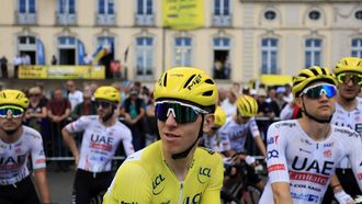 epa11456691 Yellow jersey Slovenian rider Tadej Pogacar of UAE Team Emirates looks on before the start of the sixth stage of the 2024 Tour de France cycling race over 163km from Macon to Dijon, France, 04 July 2024.  EPA/GUILLAUME HORCAJUELO