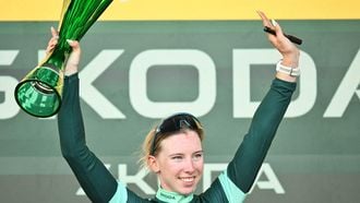 Team SD Worx-Protime's Dutch rider Lorena Wiebes celebrates on the podium wearing the best sprinter's green jersey after the 9th and final stage of the fifth edition of the Women's Tour de France cycling race, 99.2 km from Nice to Nice, southeastern France on August 9, 2026. 
NICOLAS TUCAT / AFP