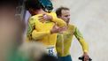 epa11534077 Team Australia celebrate winning the Men's Team Pursuit finals for the Gold medal of the Track Cycling competitions in the Paris 2024 Olympic Games, at Saint-Quentin-en-Yvelines Velodrome in Saint-Quentin-en-Yvelines, France, 07 August 2024.  EPA/MARTIN DIVISEK