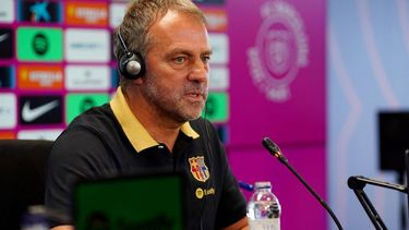 Barcelona's German coach Hansi Flick talks during a press conference of the Spanish league football match between Valencia CF and FC Barcelona, at the Estadi Olimpic Lluis Companys in Barcelona on August 16, 2024. 
Manaure Quintero / AFP