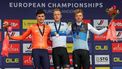 epa11606146 (L-R) Silver medallist Olav Kooiij of Netherlands (L), winner Tim Merlier of Belgium, and bronze medallist Madis Mihkels of Estonia attend the podium ceremony of the Men Elite Race of the UEC Road European Championships cycling race Limburg-Flanders, a 222.8 Km race from Heusden-Zolder to Hasselt in Hasselt, Belgium, 15 September 2024.  EPA/OLIVIER MATTHYS