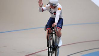 Great Britain's  #121 Matthew Richardson celebrates winning silver in the men's sprint final at the 2025 UCI Track World Championships, in the Penalolen Velodrome in Santiago, on October 26, 2025. 
Javier TORRES / AFP