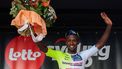 Stage winner Intermarche-Wanty's Eritrean rider Biniam Girmay Hailu celebrates on the podium of the Circuit French-Belgium cycling race, stage 6 (out of 9) of the Lotto Cycling Cup, 190,6 km from Tournai to Mont-de-l'Enclus near Amougies, on May 29, 2024.  
VIRGINIE LEFOUR / Belga / AFP