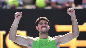 epa12678912 Carlos Alcaraz of Spain celebrates victory over Tommy Paul of the USA during their men’s fourth round match on day 8 of the 2026 Australian Open tennis tournament at Melbourne Park in Melbourne, Australia, 25 January 2026.  EPA/ROB PREZIOSO AUSTRALIA AND NEW ZEALAND OUT