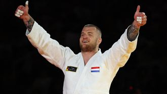 Netherlands' Michael Korrel reacts after winning against Azerbaijan's Zelym Kotsoiev (unseen) during the bronze men -100 kg individual bout of the Judo European Championships Seniors at the Arena Zagreb, in Zagreb, on April 27, 2024. 
Damir SENCAR / AFP
