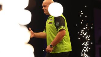 Netherlands' Michael van Gerwen reacts to his defeat in his quarter-final darts match against England's Michael Smith on Night 1 of the PDC Premier League, at the Utilita Arena in Cardiff, south Wales on February 1, 2024. 
Adrian DENNIS / AFP