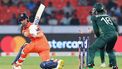 2023-10-06 15:25:56 Netherlands' Colin Ackermann (L) is clean bowled by Pakistan's Iftikhar Ahmed during the 2023 ICC Men's Cricket World Cup one-day international (ODI) match between Pakistan and Netherlands at the Rajiv Gandhi International Stadium in Hyderabad on October 6, 2023. 
Noah SEELAM / AFP