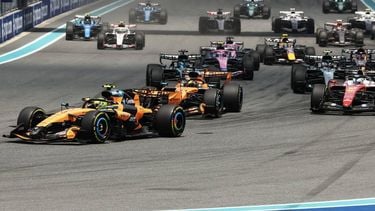 McLaren's British driver Lando Norris (L) leads the pack during the 2026 Miami Formula One Sprint at Miami International Autodrome in Miami Gardens, Florida, on May 2, 2026.  
CHARLY TRIBALLEAU / AFP