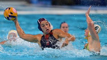 US' #06 Maggie Steffens shoots the ball in the women's water polo semifinal match between Australia and USA during the Paris 2024 Olympic Games at the Paris La Defense Arena in Paris on August 8, 2024. 
Andreas SOLARO / AFP