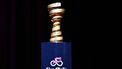 The trophy 'Senza Fine' (Infinity) is shown on stage before the presentation of the official route of the Giro d’Italia and Giro d’Italia Women 2025 (Tour of Italy) cycling races, in Rome on January 13, 2025. 
Andreas SOLARO / AFP