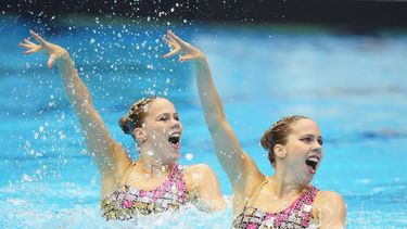epa10749769 Bregje De Brouwer and Noortje De Brouwer of Netherlands compete during the Women's Duet Technical final of the Artistic Swimming events during the World Aquatics Championships 2023 in Fukuoka, Japan, 16 July 2023.  EPA/HIROSHI YAMAMURA