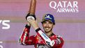 Third-placed Aprilia Racing's Spanish rider Jorge Martin celebrates on the podium at the end of the Qatar MotoGP Grand Prix at the Lusail International Circuit in Lusail, north of Doha, on April 13, 2025. 
Karim JAAFAR / AFP