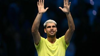 Spain's Carlos Alcaraz celebrates after winning against Italy's Lorenzo Musetti at the ATP Finals tennis tournament in Turin on November 13, 2025. Carlos Alcaraz will end the year as world number one after beating Lorenzo Musetti at the ATP Finals 6-4, 6-1 today.
Marco BERTORELLO / AFP