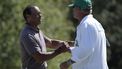 epa11275535 Tiger Woods of the United States shakes hands with his caddie on the 18th green during the second round of the Masters Tournament at the Augusta National goalf Club in Augusta, Georgia, USA, 12 April 2024.  EPA/JOHN G MABANGLO