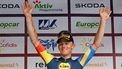 epa11331798 Belgium's Thibau Nys of the team Lidl-Trek celebrates on the podium after winning the third stage of the 45th Tour de Hongrie cycling race over 183 km between Kazincbarcika and Kekesteto, Hungary, 10 May 2024. Nys took over the overall lead.  EPA/Tibor Illyes HUNGARY OUT