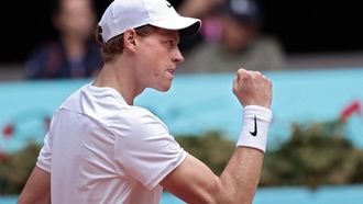 Italy's Jannik Sinner gestures as he plays against Russia's Karen Khachanov during the fourth round of the 2024 ATP Tour Madrid Open tournament tennis match at Caja Magica in Madrid on April 30, 2024. 
Thomas COEX / AFP