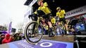 Team Visma-Lease a Bike's Dutch rider Dylan Van Baarle (L) and US rider Matteo Jorgenson reacts attend the start of the 'E3 Saxo Bank Classic' one day cycling race, 208,8 km from Harelbeke to Harelbeke, on March 28, 2025.  
DIRK WAEM / Belga / AFP