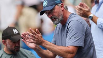 Croatian former professional tennis player Goran Ivanisevic and coach of Kazakhstan's Elena Rybakina gestures as he watches her play against USA's Madison Keys during their women's singles match on day nine of the Australian Open tennis tournament in Melbourne on January 20, 2025. 
Adrian DENNIS / AFP