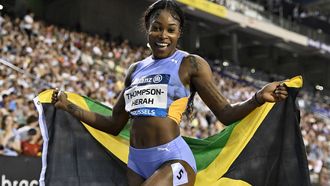 2023-09-08 21:40:52 Jamaica's Elaine Thompson-Herah celebrates after winning the Women 100m event of the Brussels IAAF Diamond League athletics meeting on September 8, 2023 at the King Baudouin stadium. 
JOHN THYS / AFP
