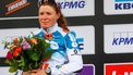 epa11256975 Second placed Dutch rider Charlotte Kool of Team Dsm-Firmenich PostNL celebrates on the podium after the Scheldeprijs women's cycling race over 130.5 km from Schoten to Schoten, Belgium, 03 April 2024.  EPA/OLIVIER MATTHYS
