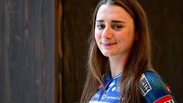 AG Insurance-Soudal's Italian Letizia Borghesi poses during the presentation of the AG Insurance-Soudal women's team, in Brussels on February 24, 2026. 
DIRK WAEM / Belga / AFP
