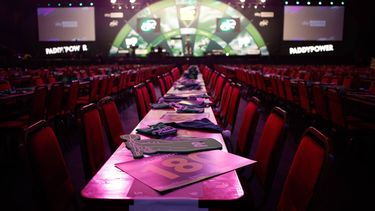 epa11779059 '180' signs rest of tables inside the arena ahead of the opening session of the Paddy Power World Darts Championship at Alexandra Palace in London, Britain, 15 December 2024.  EPA/DAVID CLIFF