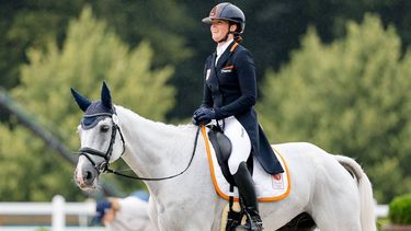 epa11498917 Janneke Boonzaaijer of the Netherlands rides Champ de Tailleur during the Paris 2024 Olympic Games equestrian team and individual eventing dressage at Chateau de Versailles, France, 27 July 2024.  EPA/TOLGA AKMEN