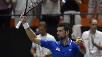 2023-09-15 19:58:39 Serbia's Novak Djokovic celebrates victory at the end of the group stage men's singles match against Spain's Alejandro Davidovich Fokina of the Davis Cup tennis tournament at the Fuente San Luis Sports Hall in Valencia on September 15, 2023. 
JOSE JORDAN / AFP