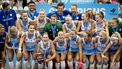MONCHENGLADBACH - De Nederlandse hockeysters op het podium na de overwinning op Duitsland na afloop van de finale tussen Nederland en Duitsland op het EK Hockey in het HockeyPark stadion. ANP SEM VAN DER WAL