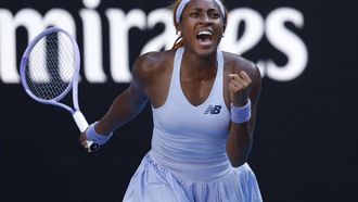 epa12679043 Coco Gauff of the USA celebrates winning against Karolina Muchova of the Czech Republic during their women’s fourth round match on day 8 of the 2026 Australian Open tennis tournament at Melbourne Park in Melbourne, Australia, 25 January 2026.  EPA/ROB PREZIOSO AUSTRALIA AND NEW ZEALAND OUT