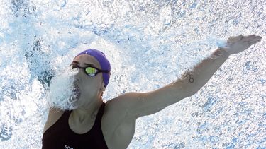 Brazil's Ana Vieira competes during the women's 100m freestyle final A swimming event of the Pan American Games Santiago 2023, at the Aquatics Centre in the National Stadium Sports Park in Santiago, on October 23, 2023.  
François-Xavier MARIT / AFP