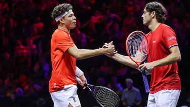 US's Taylor Fritz (R) and US's Ben Shelton (L) of Team World celebrate during their 2024 Laver Cup men's doubles tennis match against Germany’s Alexander Zverev and Spain’s Carlos Alcaraz of Team Europe, in Berlin, on September 20, 2024. 
Ronny Hartmann / AFP