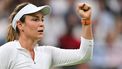 Croatia's Donna Vekic celebrates winning the second set against New Zealand's Lulu Sun during their women's singles quarter-finals tennis match on the ninth day of the 2024 Wimbledon Championships at The All England Lawn Tennis and Croquet Club in Wimbledon, southwest London, on July 9, 2024. 
ANDREJ ISAKOVIC / AFP