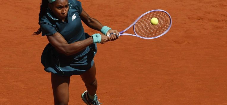 epa12914862 Coco Gauff of USA in action during her third round match against Sorana Cirstea of Romania at the Madrid Open tennis tournament in Madrid, Spain, 26 April 2026.  EPA/Chema Moya