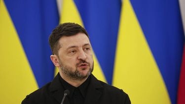 Ukraine's President Volodymyr Zelensky speaks during a joint press conference with Lithuania's President and Poland's President, after attending commemorations of the 1863 uprising, in Vilnius on January 25, 2026. 
Petras Malukas / AFP