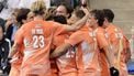 epa10820192 Duco Telgenkamp (C) of the Netherlands celebrates with teammates after scoring the 2-3 lead during the men’s semifinal match between Belgium and the Netherlands at the EuroHockey Championships 2023 in Moenchengladbach, Germany, 25 August 2023.  EPA/RONALD WITTEK