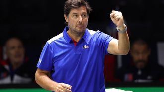 2023-09-12 15:12:59 epa10856196 France Captain Sebastien Grosjean reacts during the Davis Cup Finals Group B match between France and Switzerland at the AO Arena in Manchester, Britain, 12 September 2023.  EPA/ADAM VAUGHAN