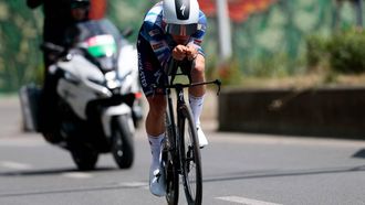Soudal Quick-Step's British rider Ethan Hayter competes  during the second stage of the 108th Giro d'Italia cycling race, a 13.7km individual time-trial from Tirana to Tirana in Albania, on May 10, 2025. 
Luca Bettini / AFP