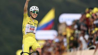 UAE Team Emirates - XRG's Slovenian rider Tadej Pogacar wearing the overall leader's yellow jersey cycles to the finish line to win the 14th stage of the 113th edition of the Tour de France cycling race, 155,3 km between Mulhouse and Le Markstein in the Vosges mountains, on July 18, 2026. 
Anne-Christine POUJOULAT / AFP