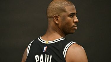 Spurs Point Guard #3 Chris Paul attends media day ahead of the NBA season at the Victory Capital Performance Center in San Antonio, Texas, September 30, 2024. 
Patrick T. Fallon / AFP